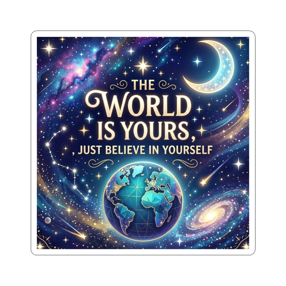 Inspirational Galaxy Sticker — "The World Is Yours, Just Believe in Yourself"