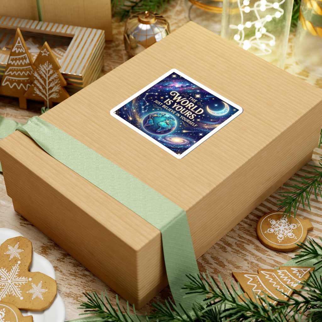 Inspirational Galaxy Sticker — "The World Is Yours, Just Believe in Yourself"